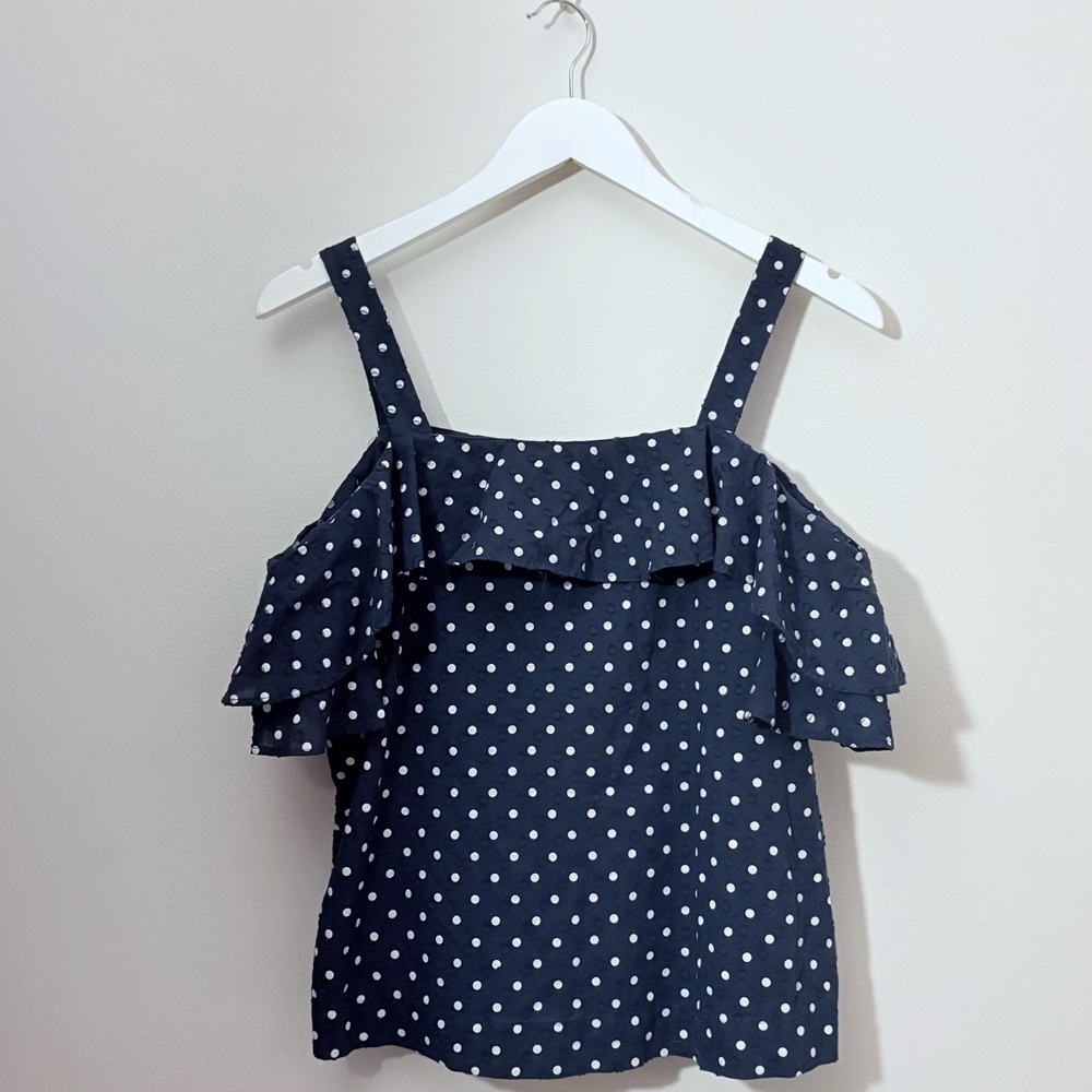 J. Crew Navy Dot Ruffled Off-Shoulder Top - Picture 2 of 8